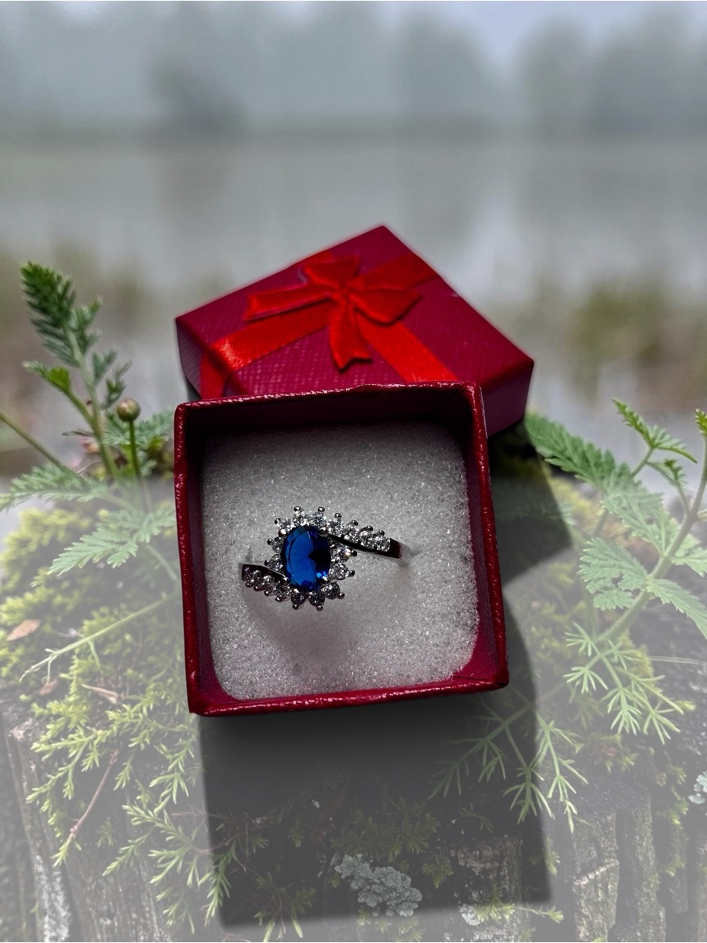 925 Sterling Silver Oval Faux Blue Sapphire Ring - Size 6,9